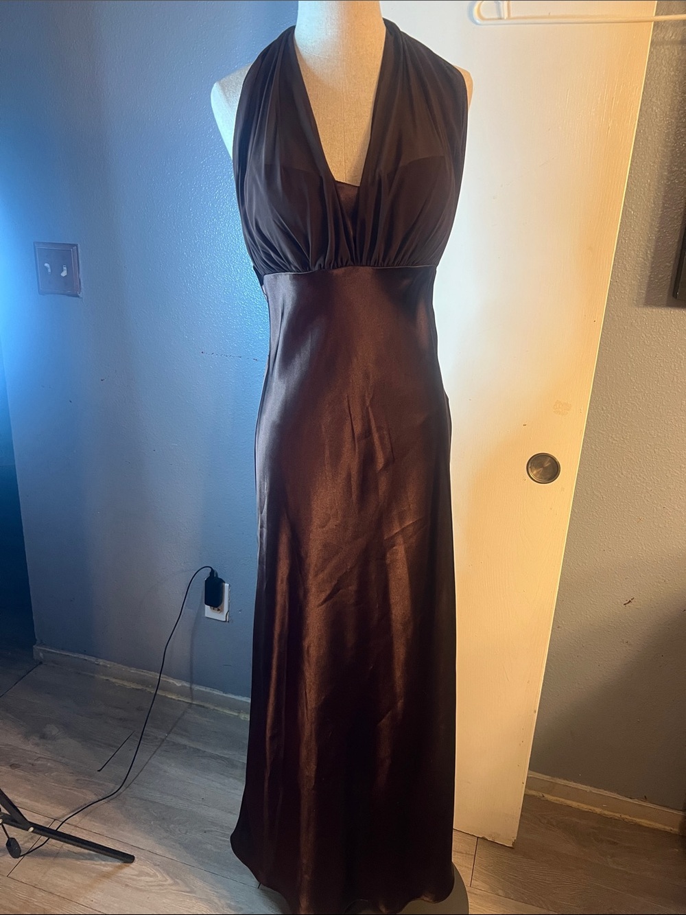 David's Bridal Brown Satin Halter Maxi Gown